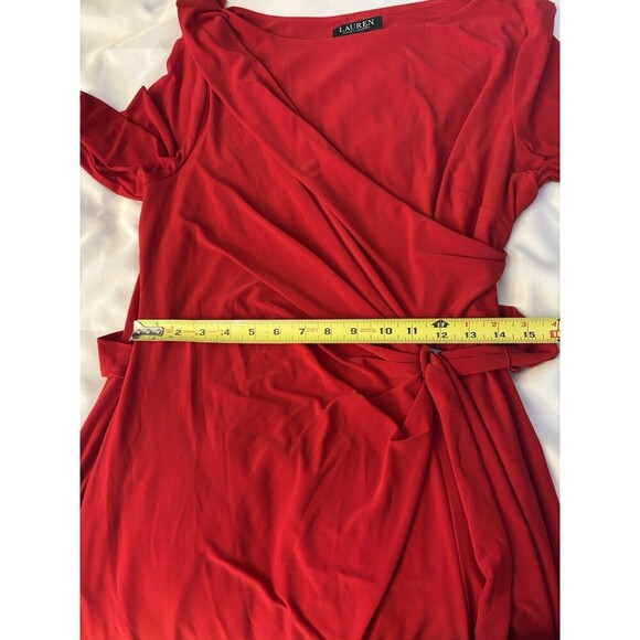 LAUREN RALPH LAUREN Connie Red Buckle Faux Wrap Midi Dress 16 Jersey Holiday - Picture 15 of 16